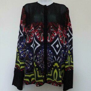 New JUST CAVALLI Black Multi Printed Long Sleeve Sheer Blouse Top Shirt 48/14